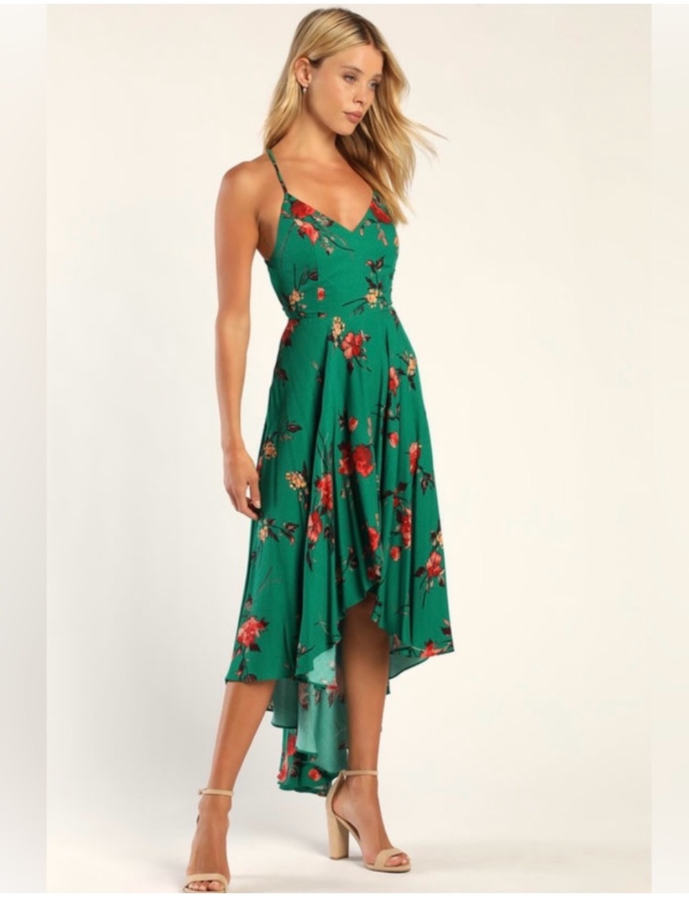 Lulu's Emerald Green Floral High-Low Dress with Red Accents. Size Small.